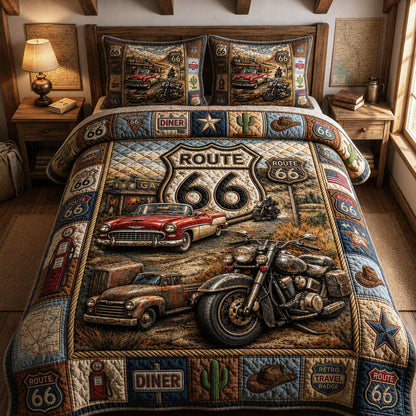 Vintage Vehicles Highway 3-Piece Quilted Bedding Set GFTOPND590