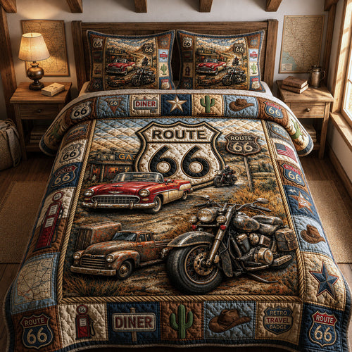 Vintage Vehicles Highway 3-Piece Quilted Bedding Set GFTOPND590