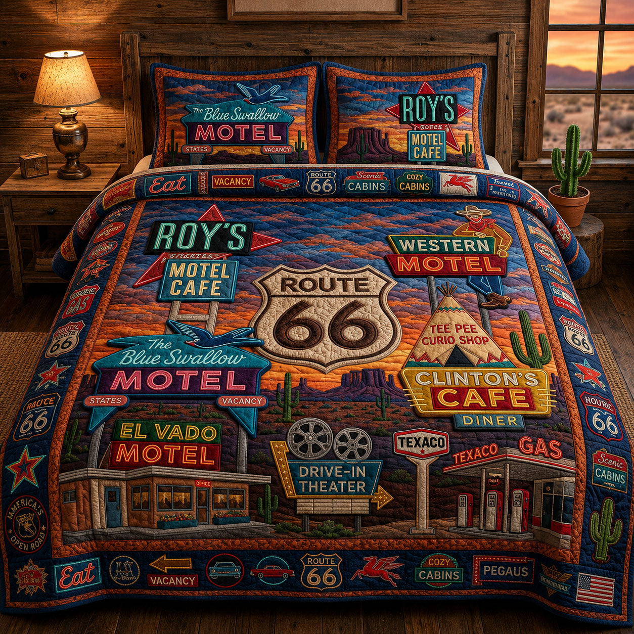Route 66 Neon Motel District 3-Piece Quilted Bedding Set GFTOPND596