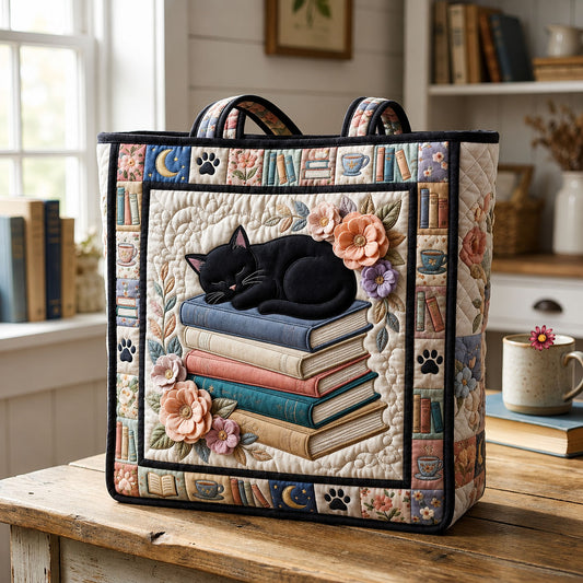 Black Cat Sleeping On Books Quilted Tote Bag GFTOPND599