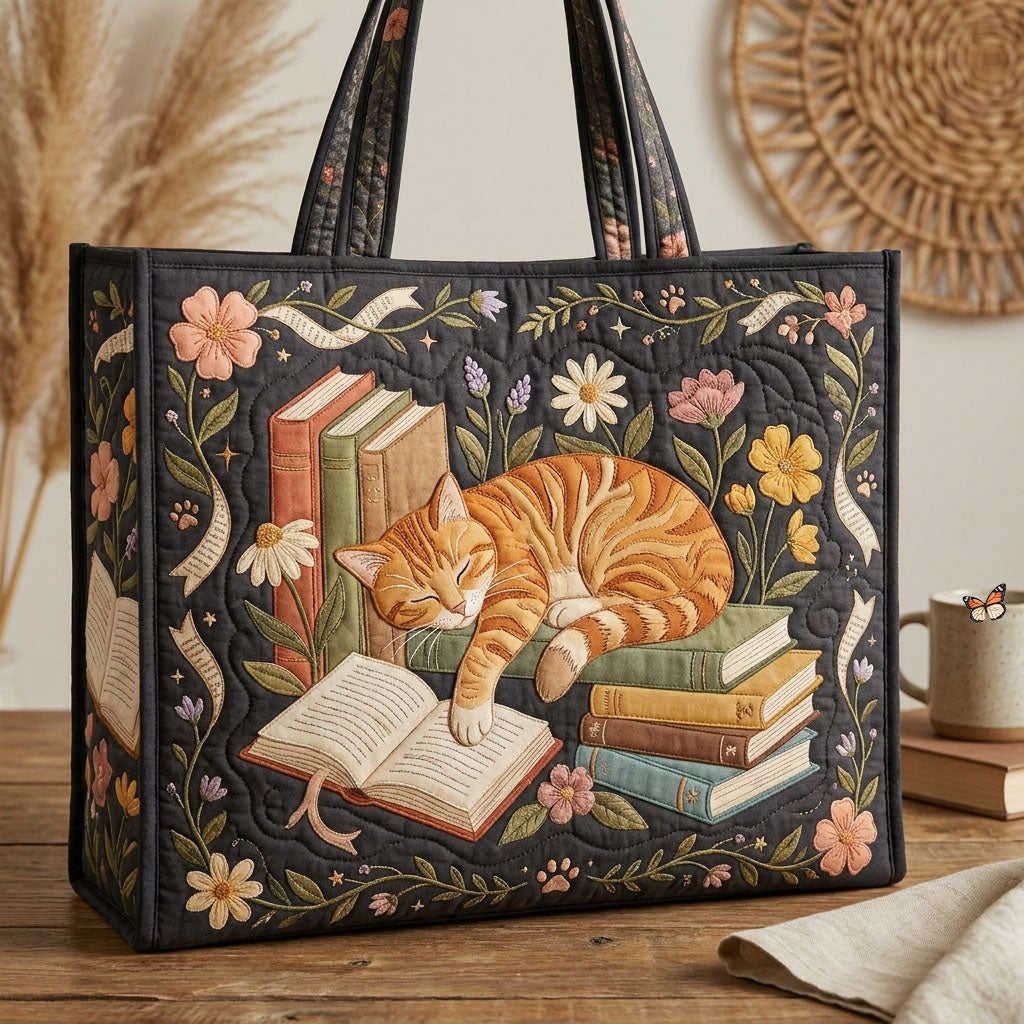 Floral Sleeping Cat Quilted Tote Bag GFTOPND600
