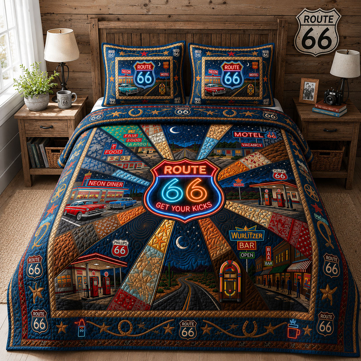 Neon Nights On Route 66 3-Piece Quilted Bedding Set GFTOPND693