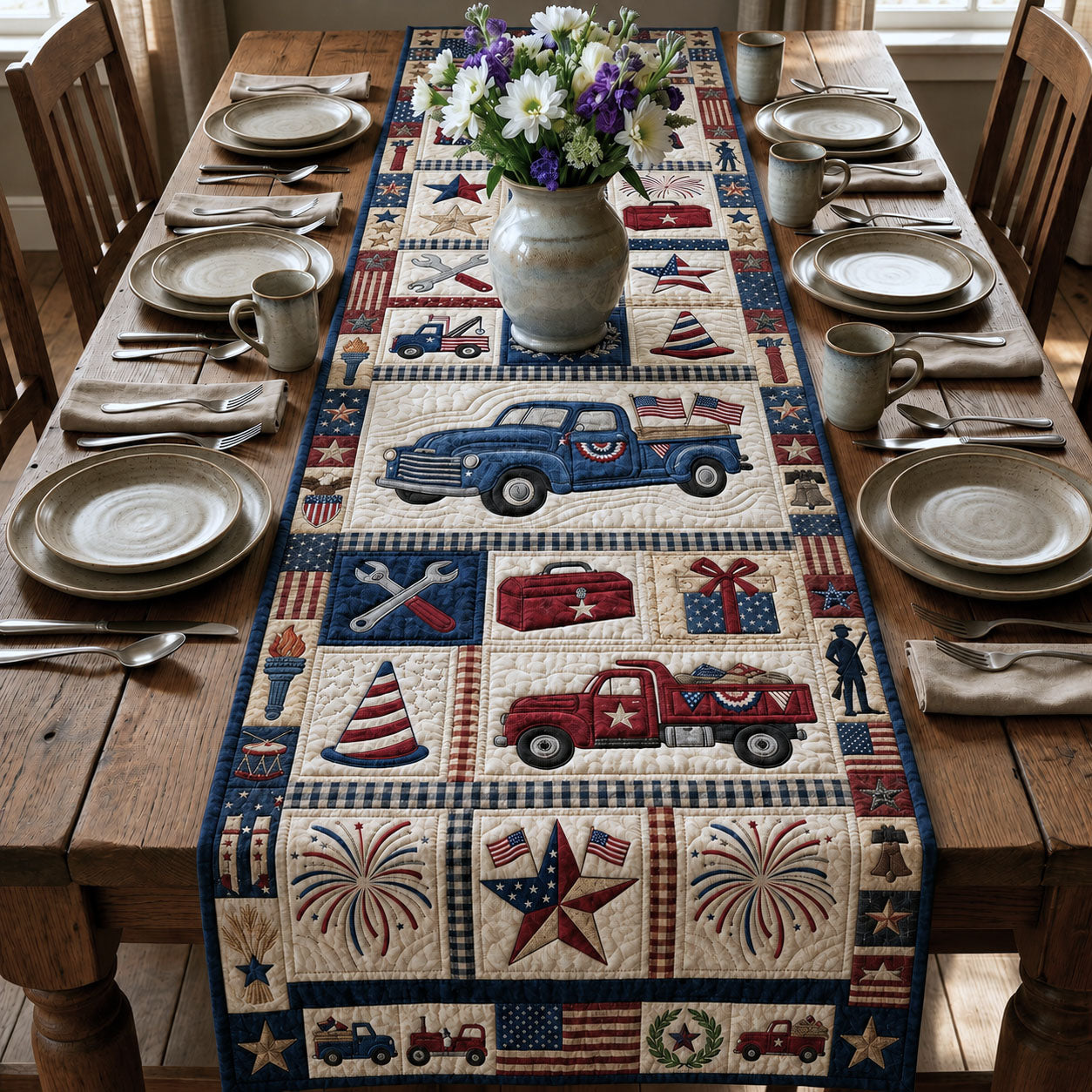 4th Of July Truck Quilted Table Runner GFTOPND70