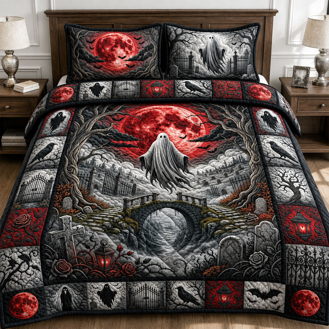 Red Moon Spooky Night 3-Piece Quilted Bedding Set GFTOPND749
