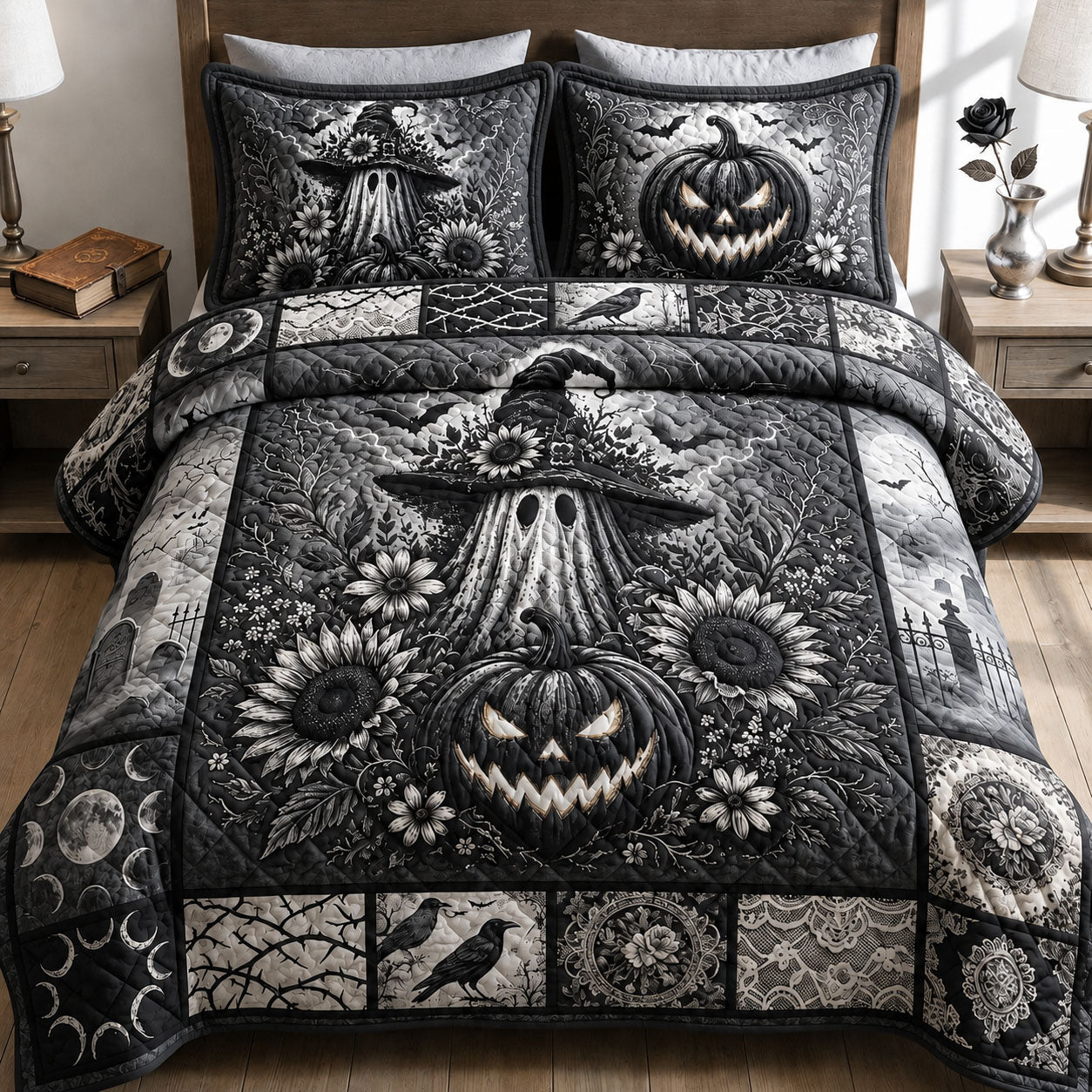 Creepy Ghost Jack O Lantern 3-Piece Quilted Bedding Set GFTOPND750