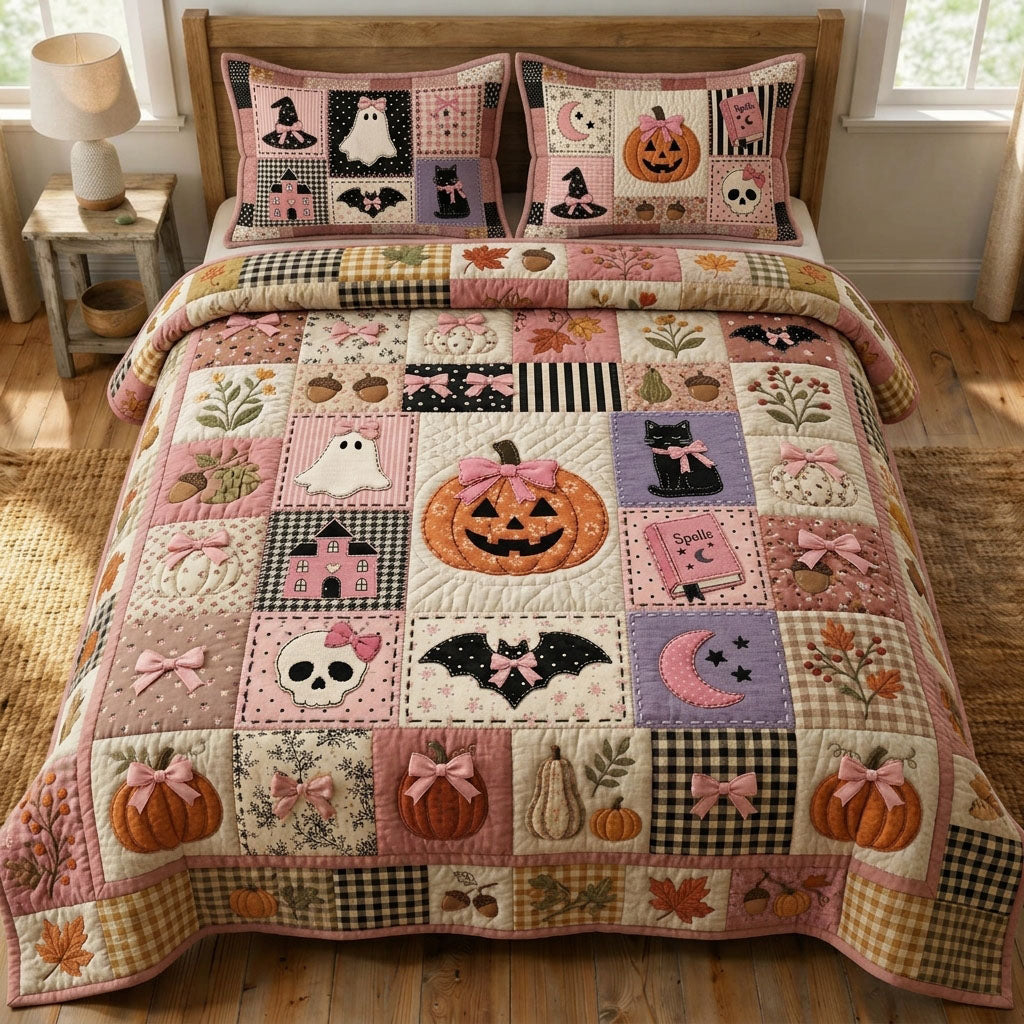 Pink Black Halloween 3-Piece Quilted Bedding Set GFTOPND754