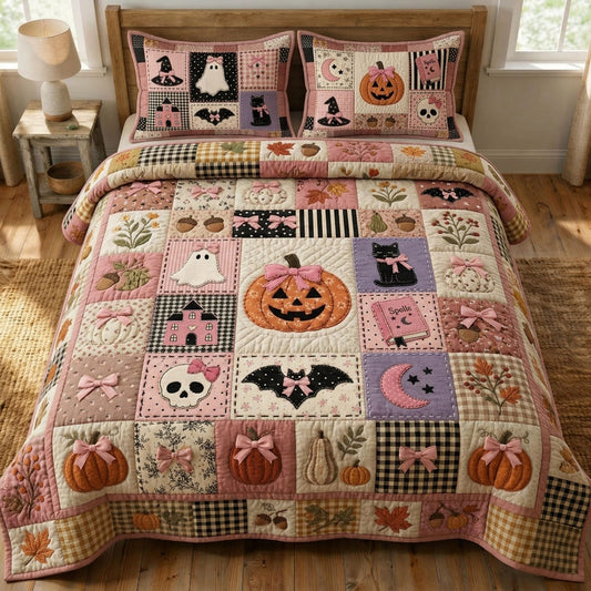Pink Black Halloween 3-Piece Quilted Bedding Set GFTOPND754