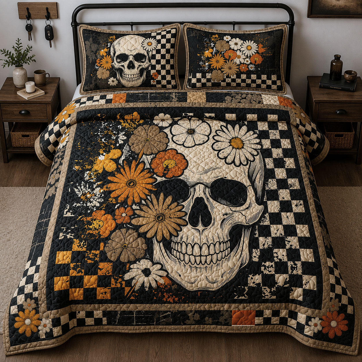 Retro Floral Skeleton 3-Piece Quilted Bedding Set GFTOPND762