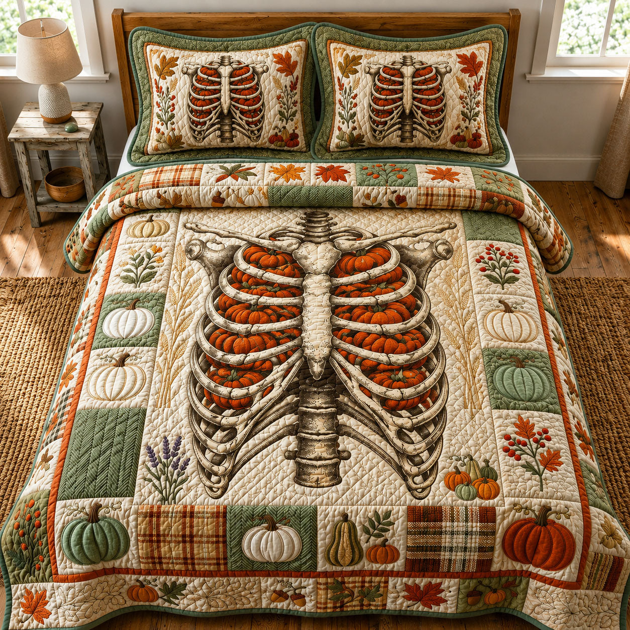 Ribcage Pumpkins 3-Piece Quilted Bedding Set GFTOPND764