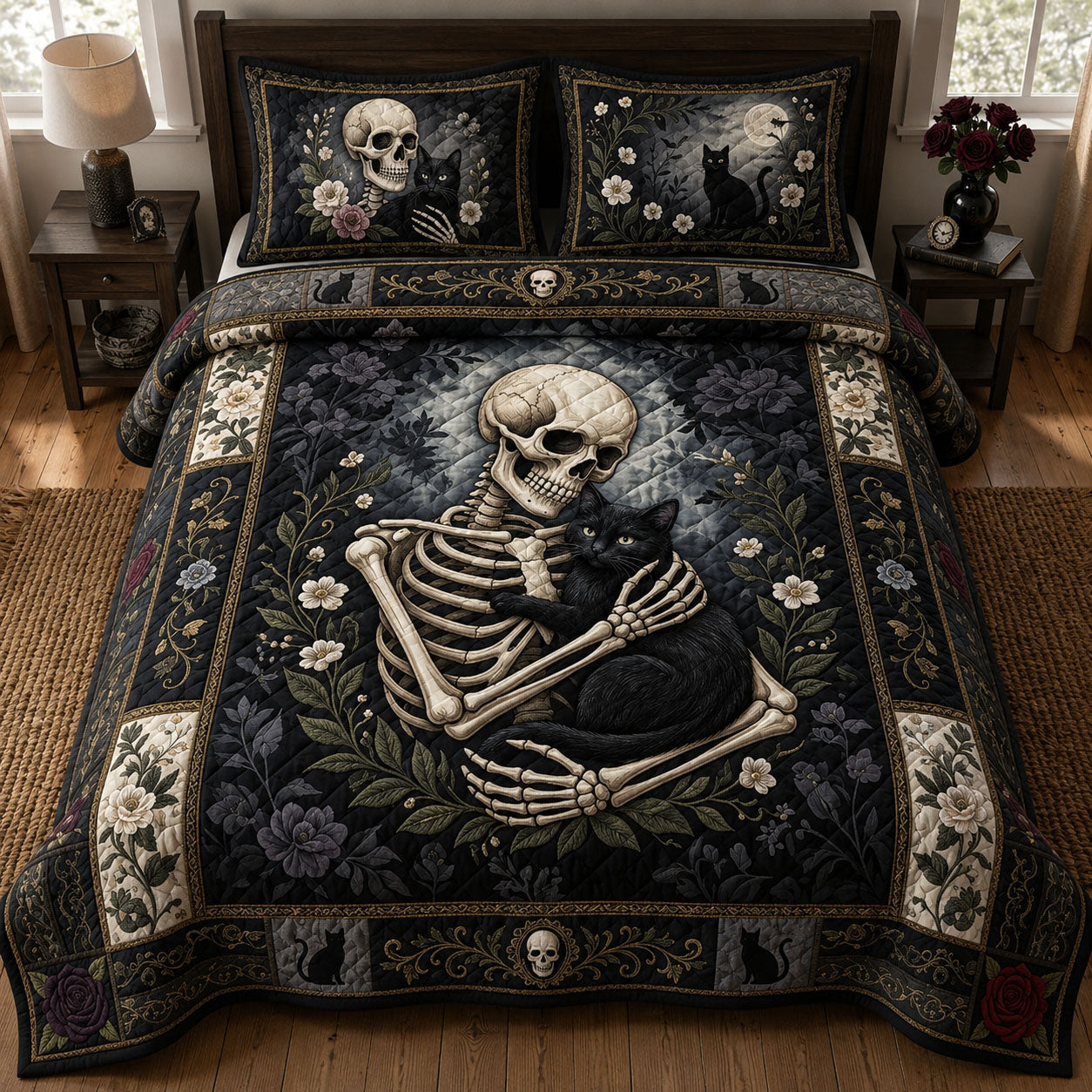 Skeleton Cat 3-Piece Quilted Bedding Set GFTOPND765