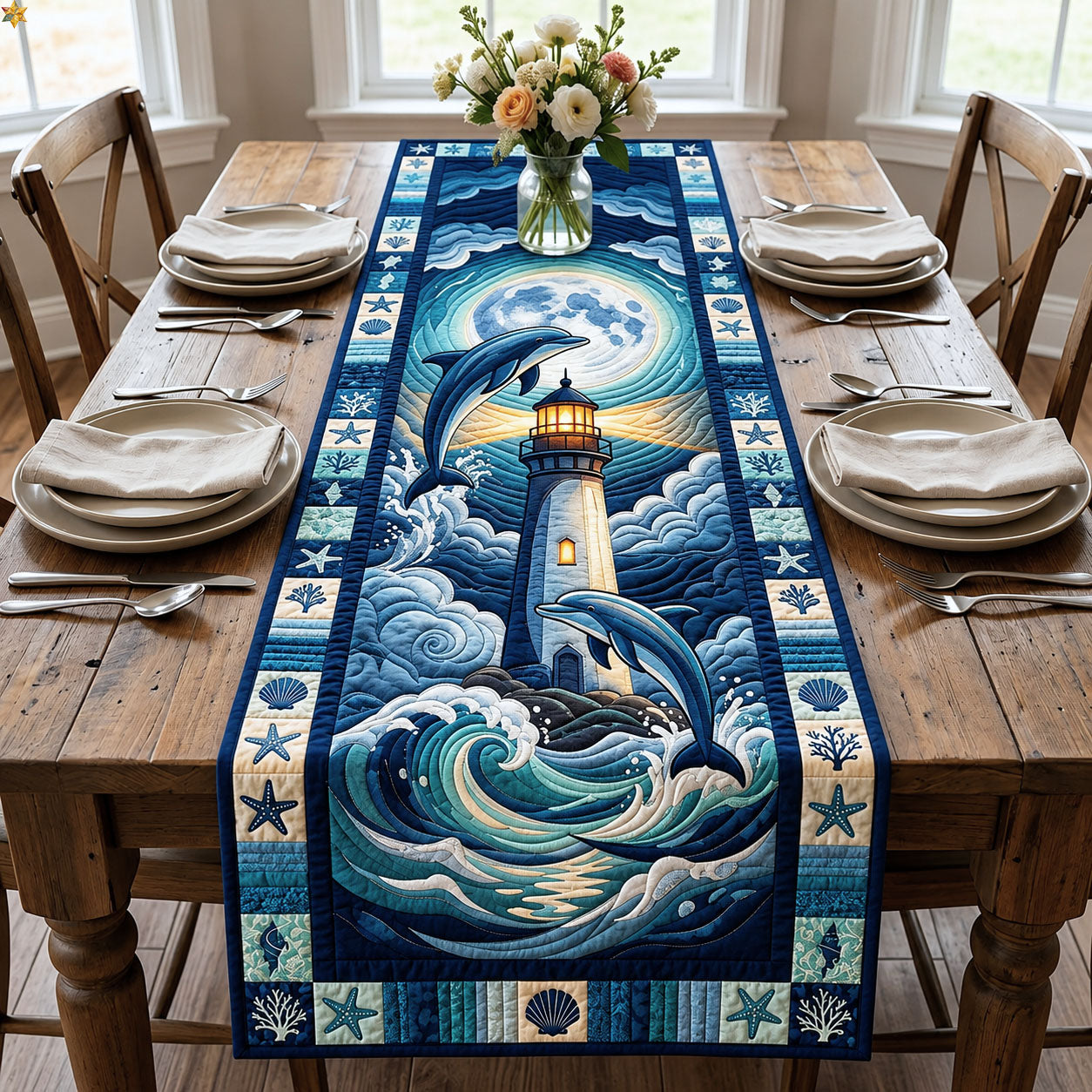 Dolphin With Lighthouse Quilted Table Runner GFTOPND77