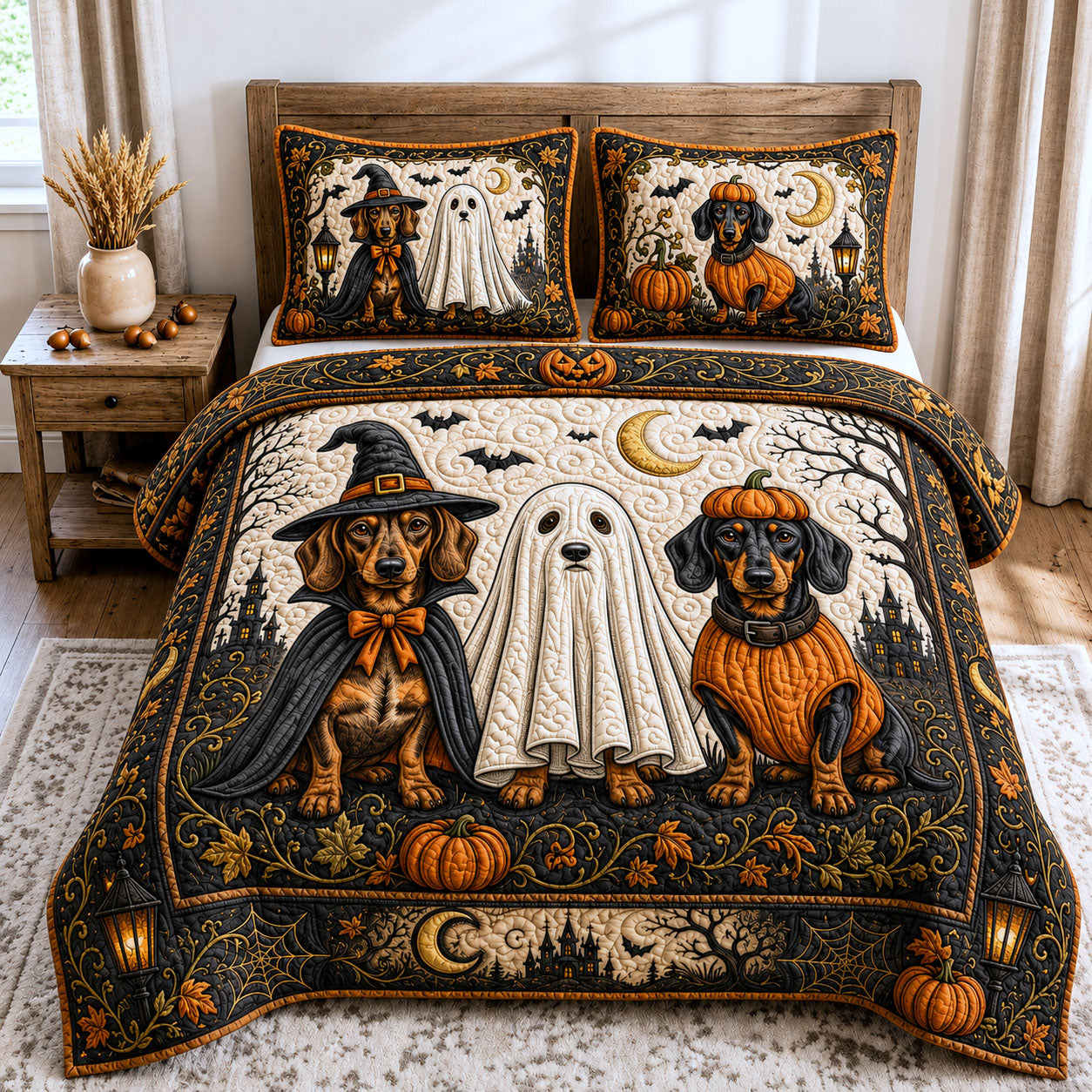Halloween Dachshund 3-Piece Quilted Bedding Set GFTOPND802