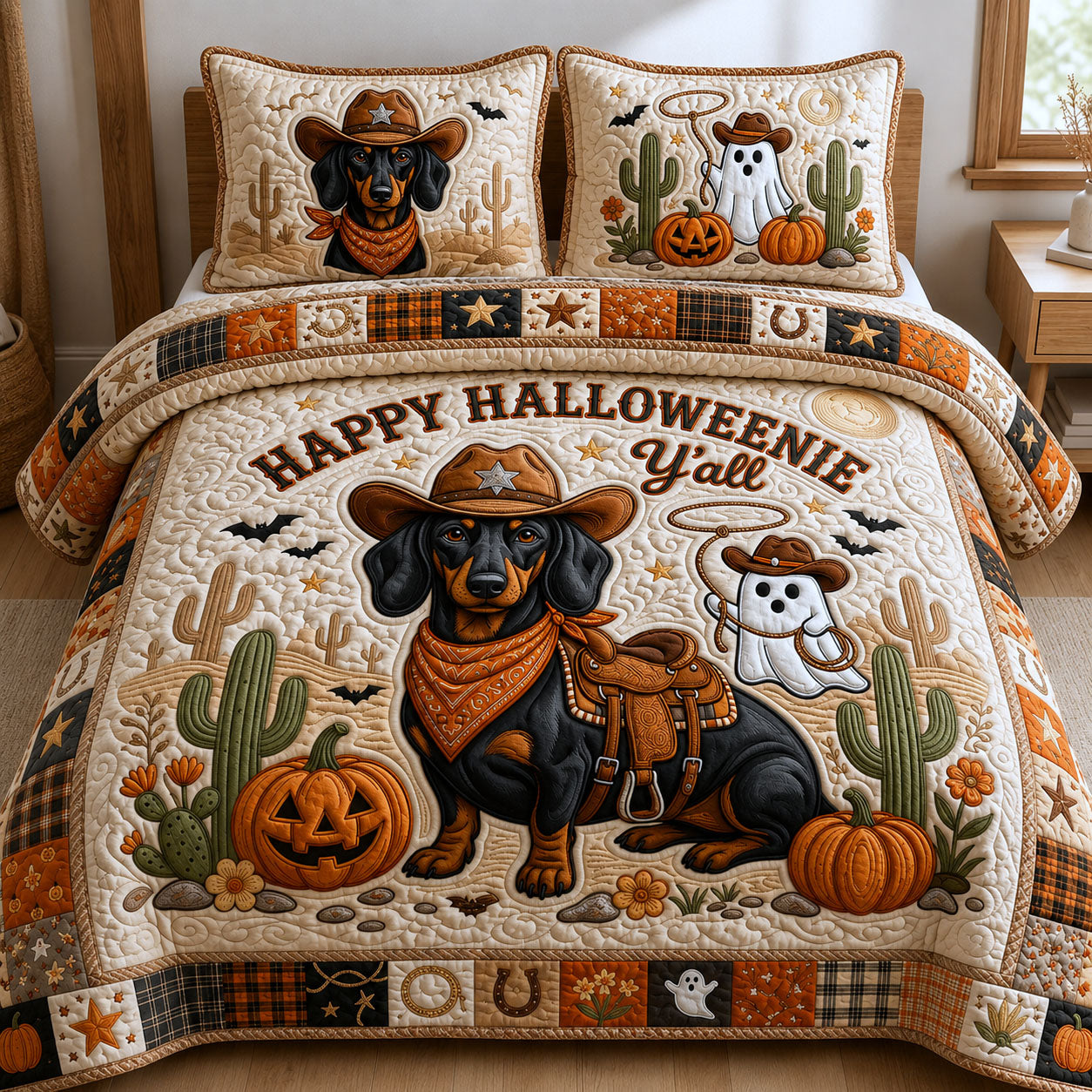 Western Dachshund Halloween 3-Piece Quilted Bedding Set GFTOPND803