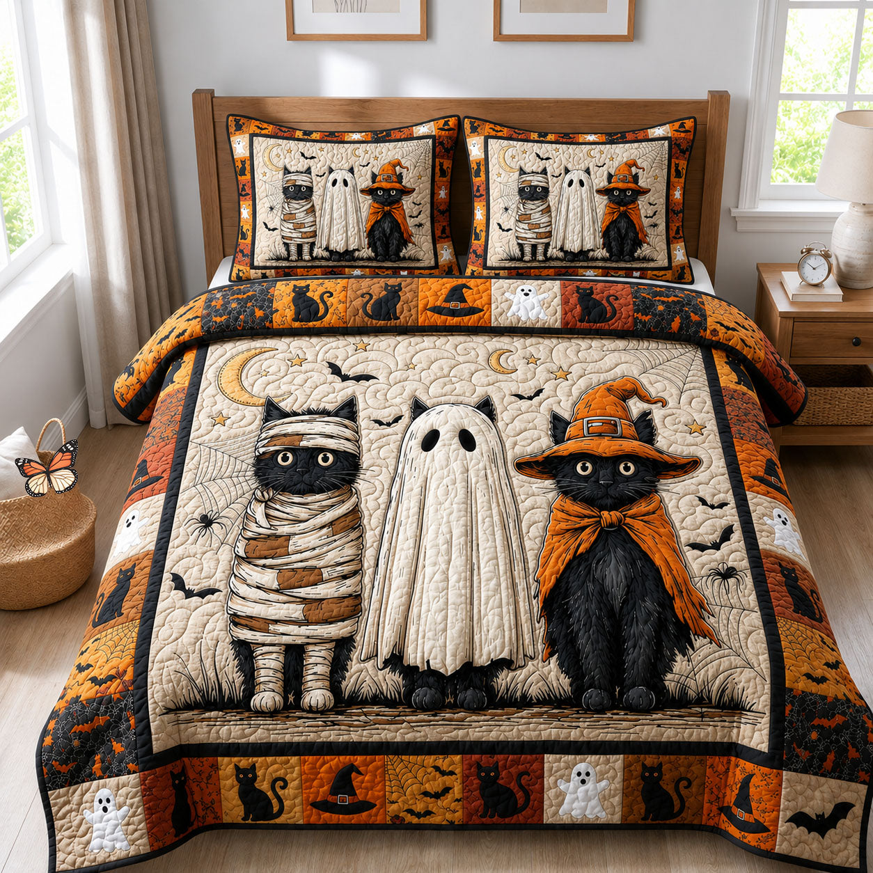 Halloween Black Cats 3-Piece Quilted Bedding Set GFTOPND811