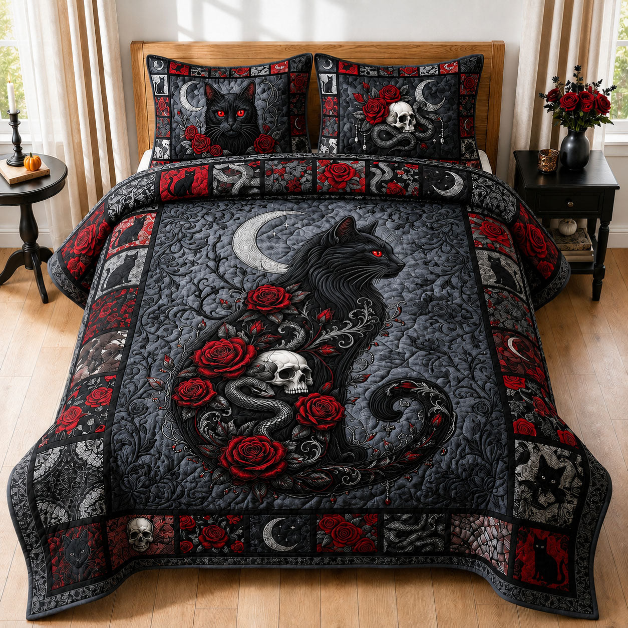 Gothic Black Cat 3-Piece Quilted Bedding Set GFTOPND814