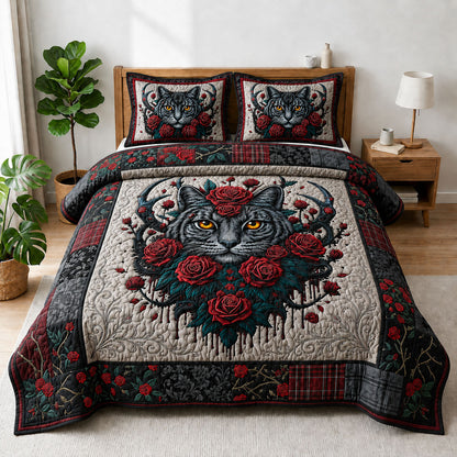 Wild Cat With Roses 3-Piece Quilted Bedding Set GFTOPND815