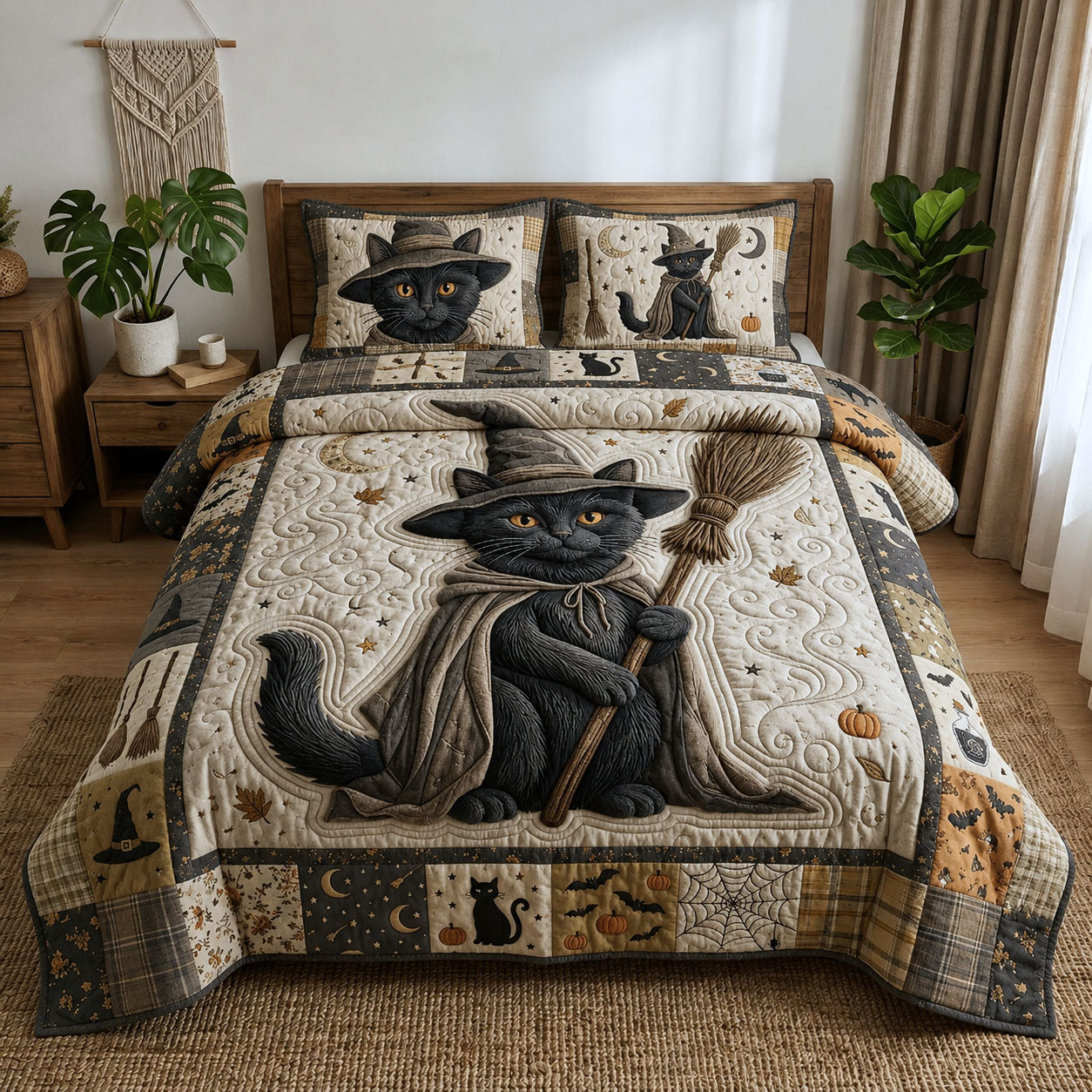 Witchy Black Cat 3-Piece Quilted Bedding Set GFTOPND816