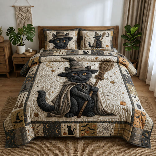 Witchy Black Cat 3-Piece Quilted Bedding Set GFTOPND816