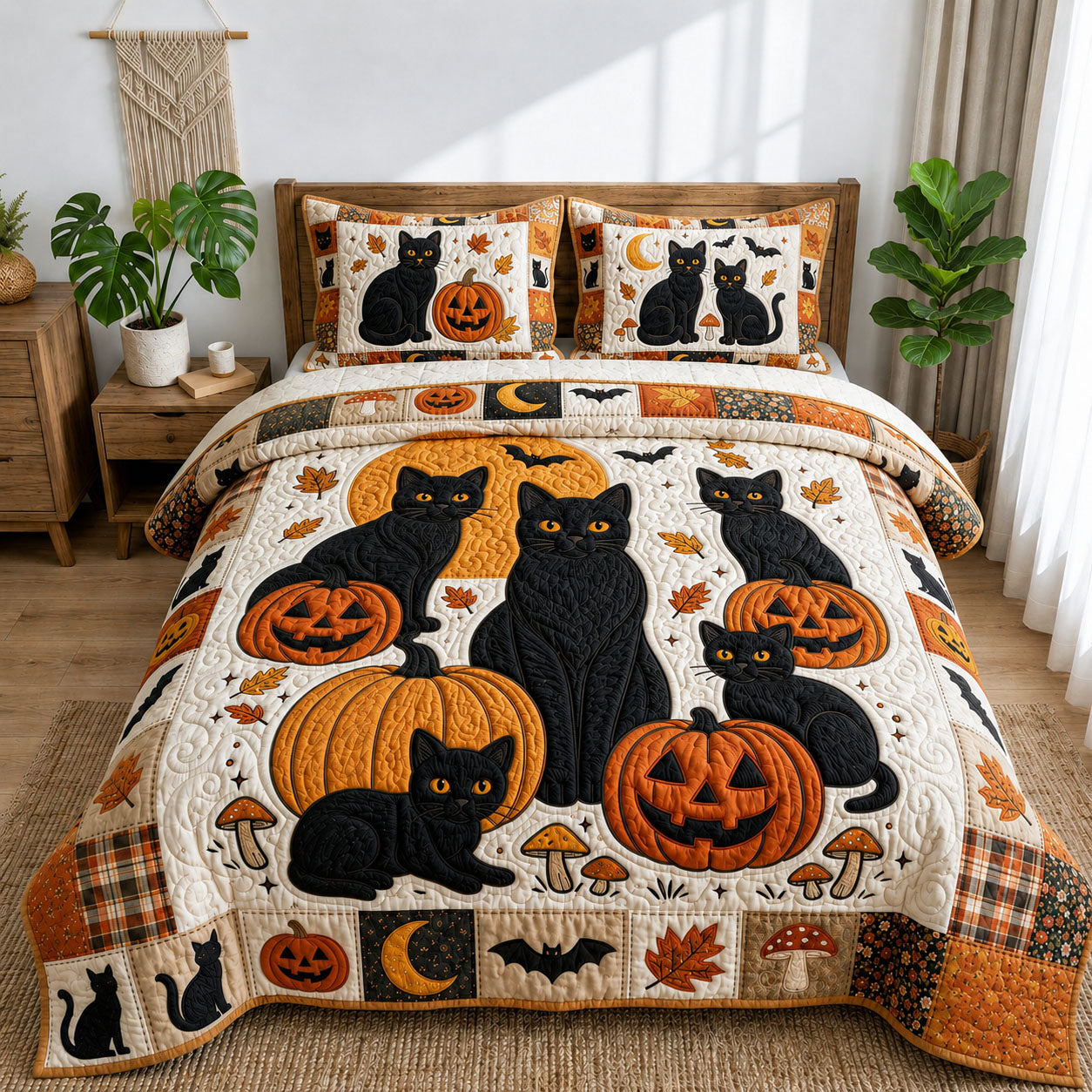 Halloween Black Cats 3-Piece Quilted Bedding Set GFTOPND817