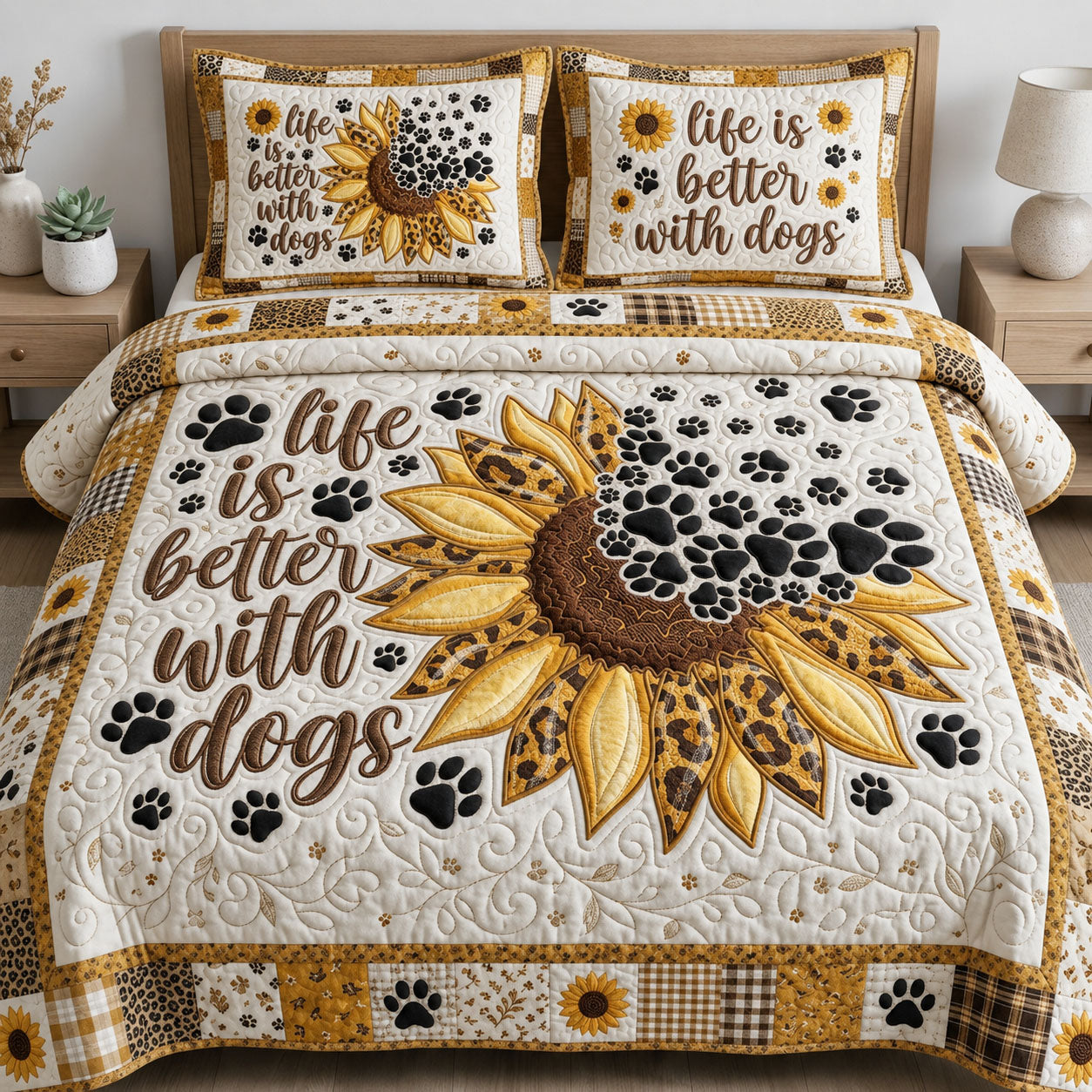 Life Is Better With Dogs 3-Piece Quilted Bedding Set GFTOPND825