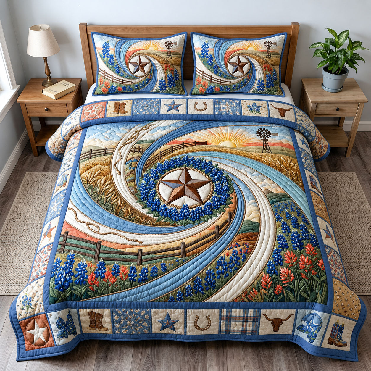 Bluebonnets 3-Piece Quilted Bedding Set GFTOPND855
