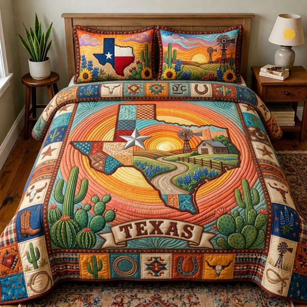 Texas Sunset Cactus 3-Piece Quilted Bedding Set GFTOPND863
