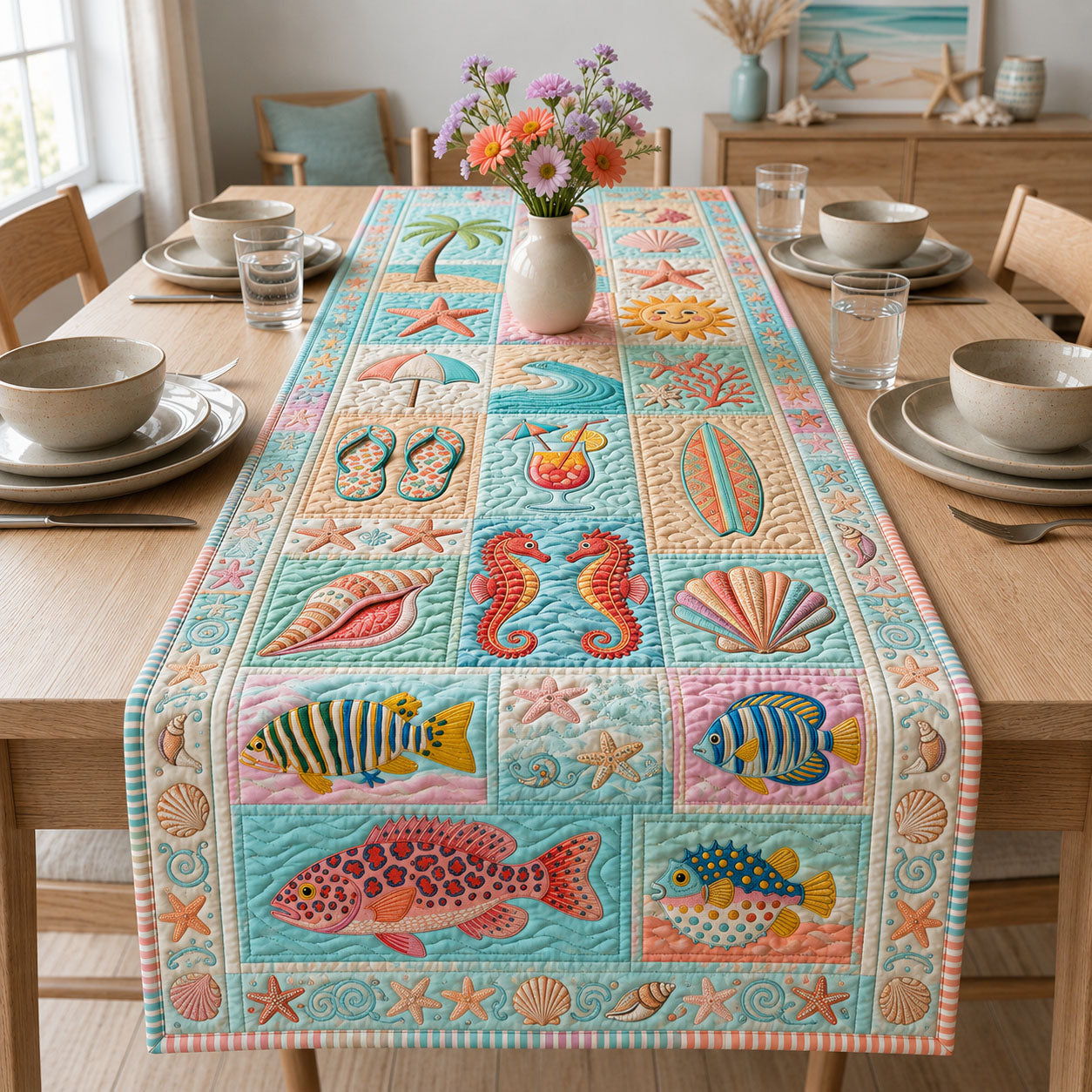 Colorful Summer Vacation Quilted Table Runner GFTOPND91