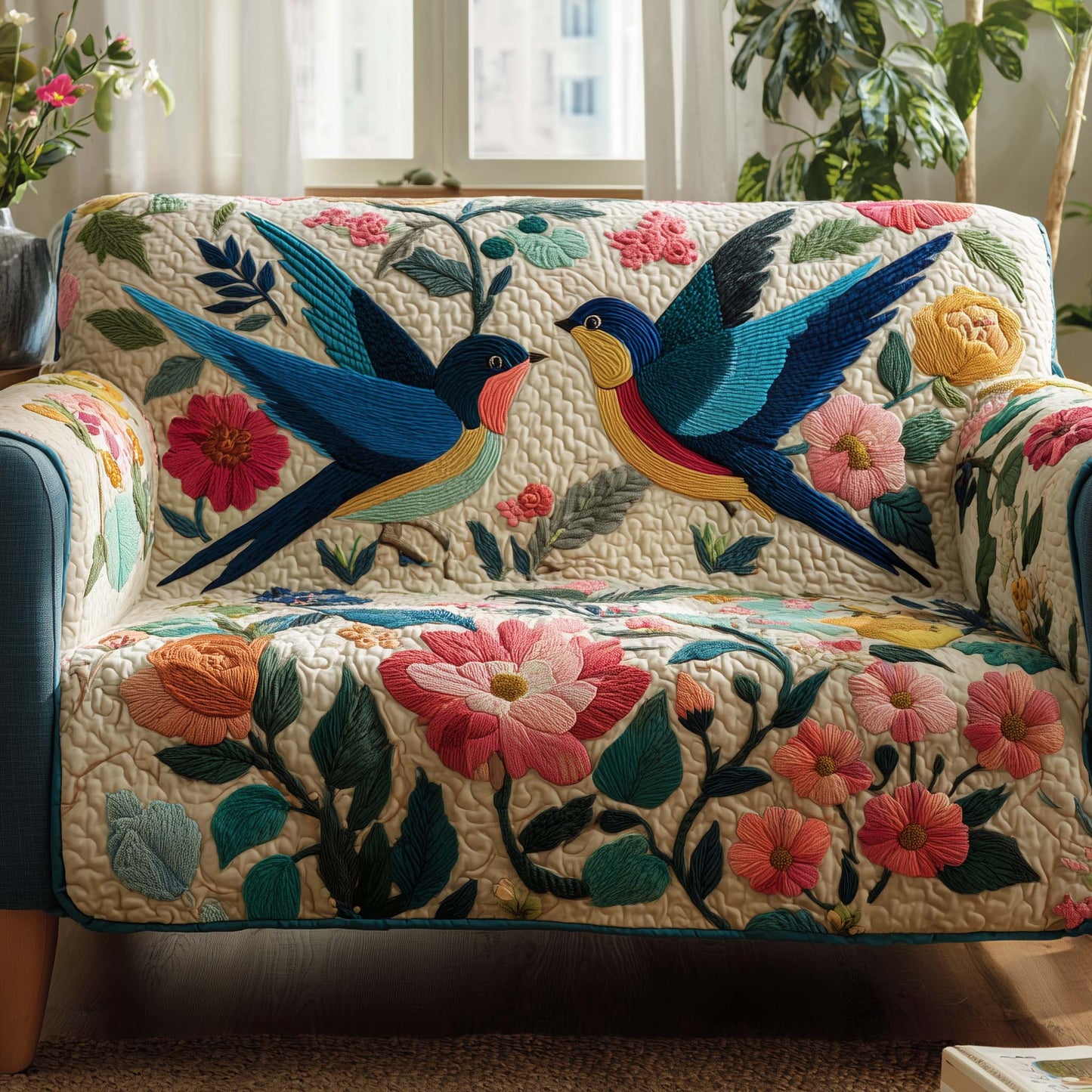 Spring Swallow Quilted Sofa Cover GFTOQA1021
