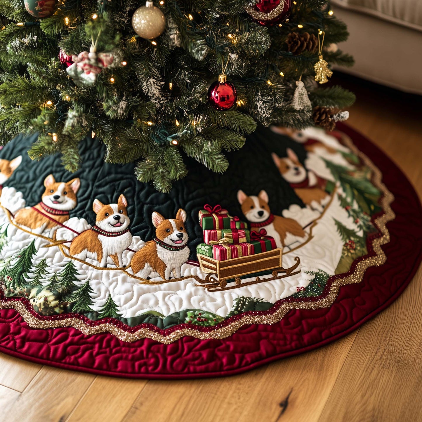 Corgi Delivery Quilted Tree Skirt GFTOQA231