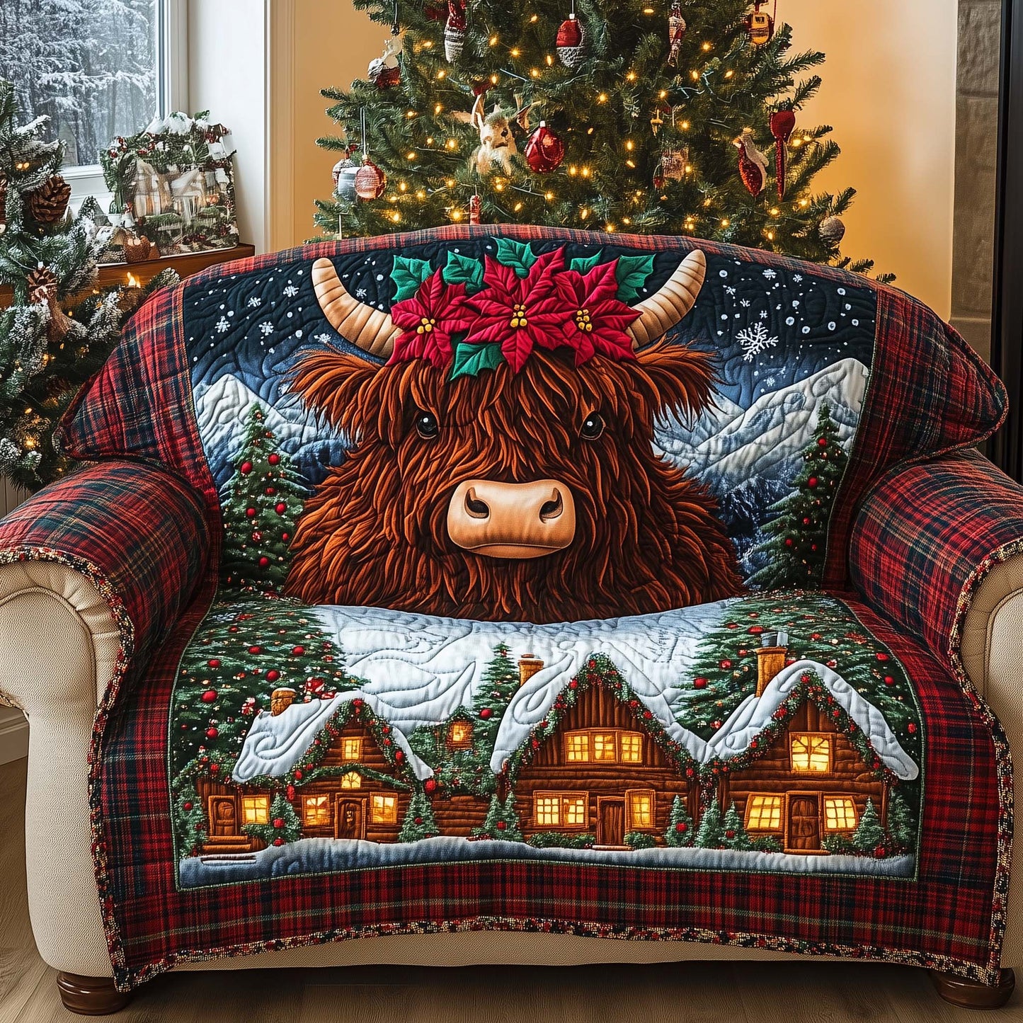 Poinsettia Crown Quilted Sofa Cover GFTOQA516