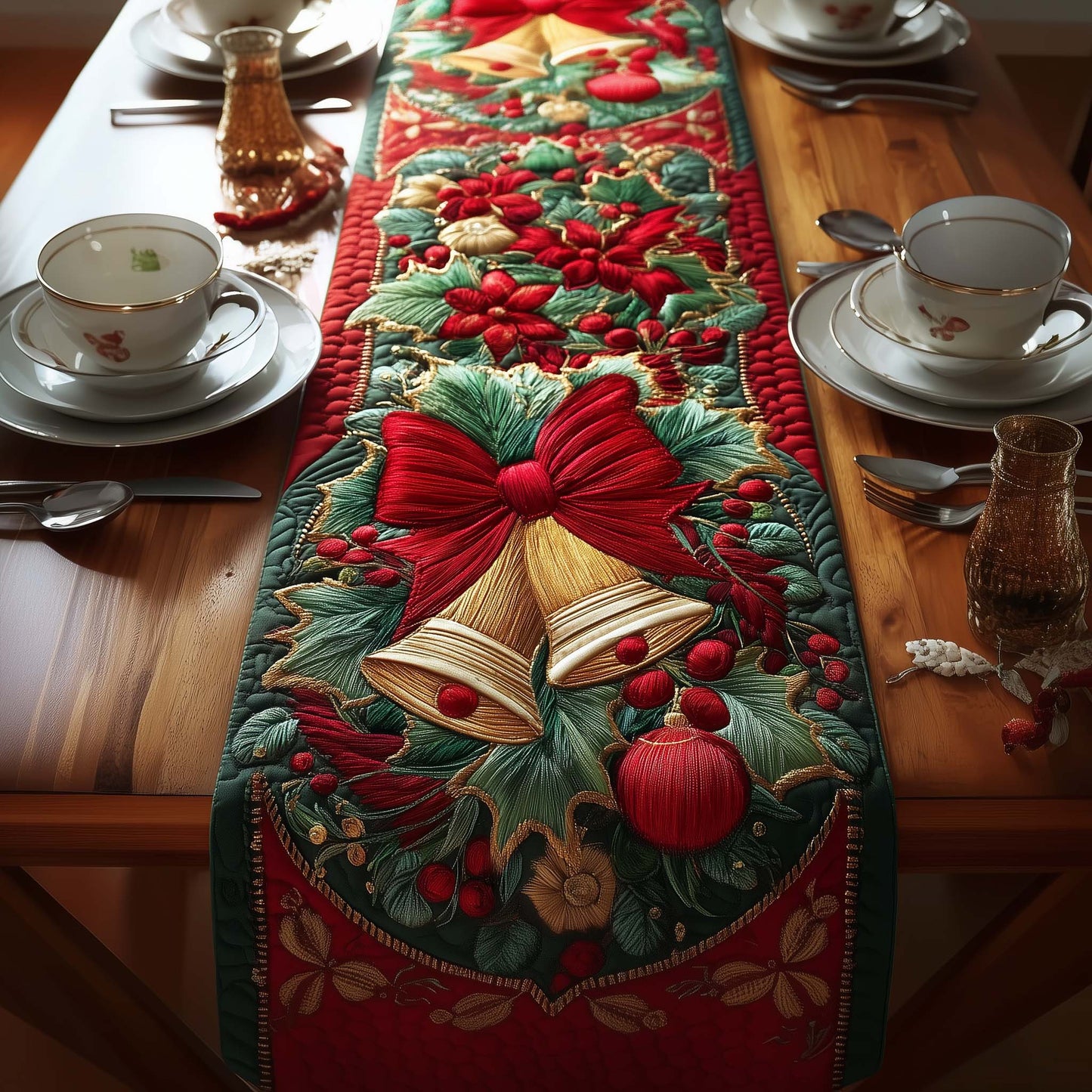 Festive Christmas Bell Quilted Table Runner GFTOQA68