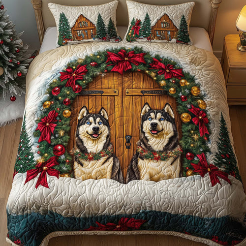 Holiday Huskies 3-Piece Quilted Bedding Set GFTOQM1034