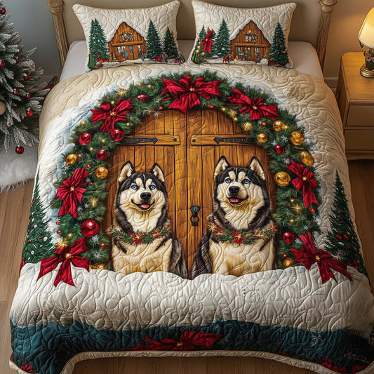 Holiday Huskies 3-Piece Quilted Bedding Set GFTOQM1034
