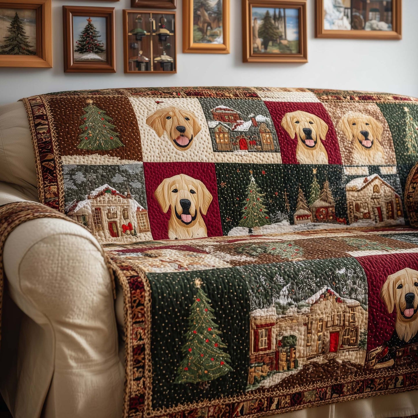 Patchwork Golden Quilted Sofa Cover GFTOQM1066