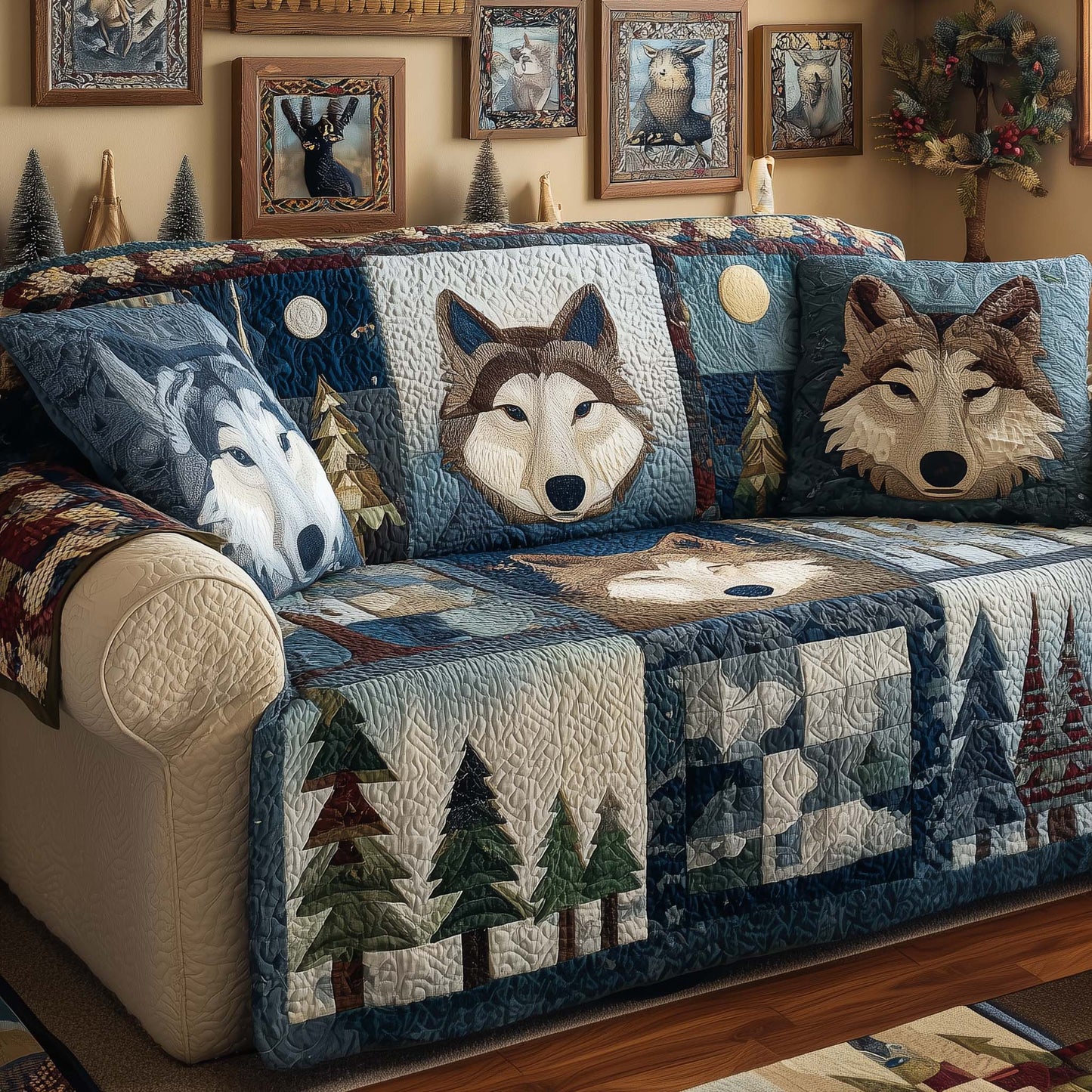 Patchwork Wolves Quilted Sofa Cover GFTOQM1092