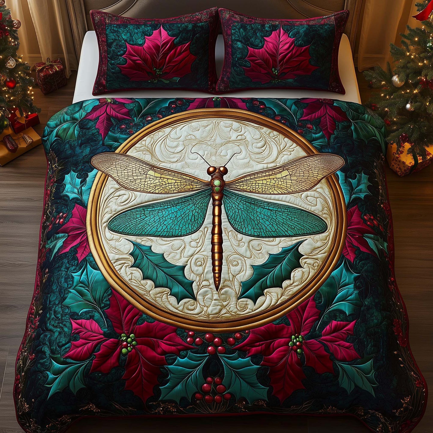 Emerald Dragonfly 3-Piece Quilted Bedding Set GFTOQM1102
