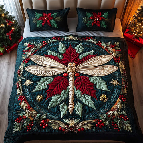 Poinsettia Dragonfly 3-Piece Quilted Bedding Set GFTOQM1104