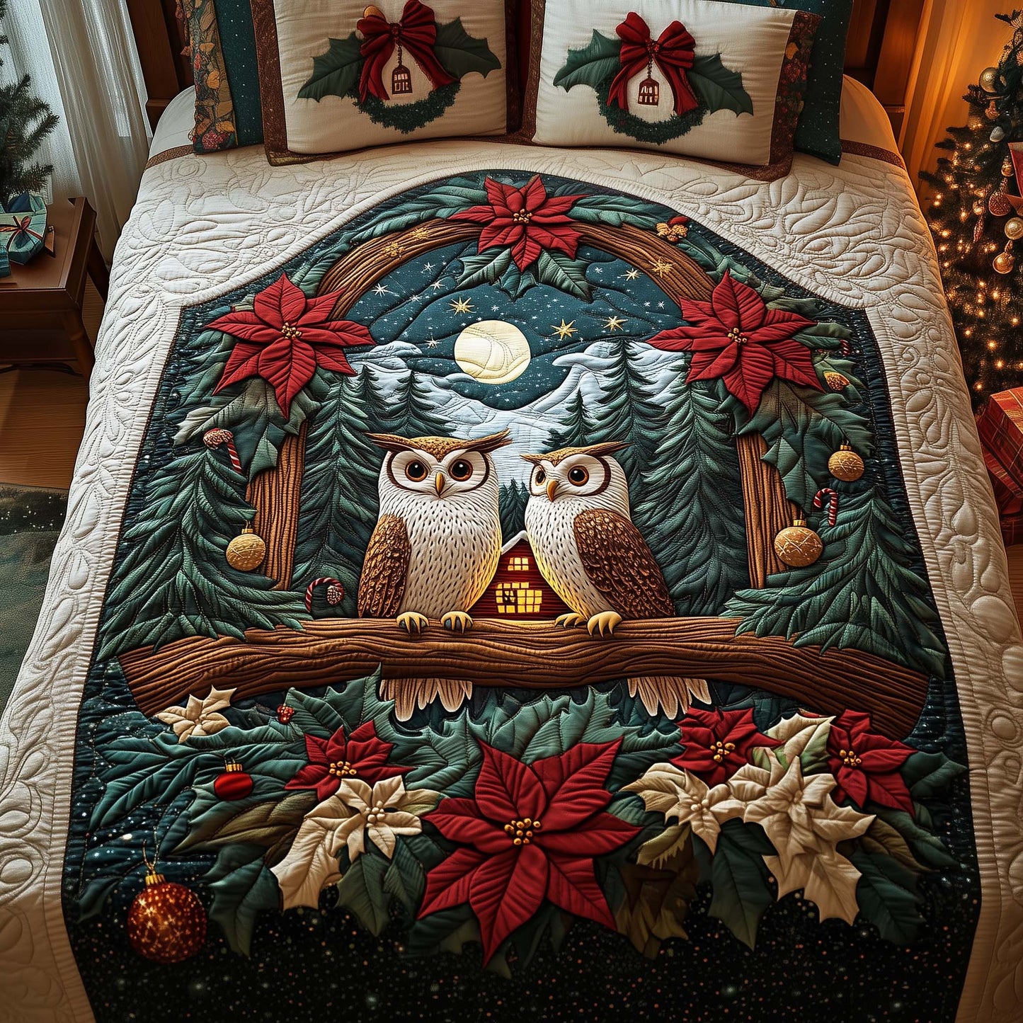 Poinsettia Owls 3-Piece Quilted Bedding Set GFTOQM1160