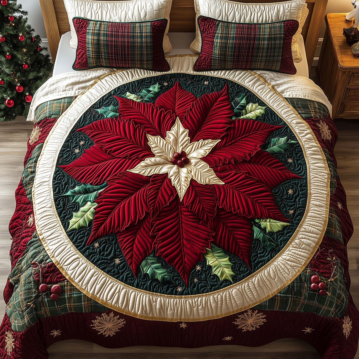 Red Poinsettia 3-Piece Quilted Bedding Set GFTOQM1161