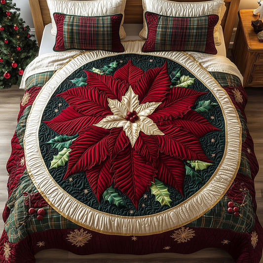 Red Poinsettia 3-Piece Quilted Bedding Set GFTOQM1161