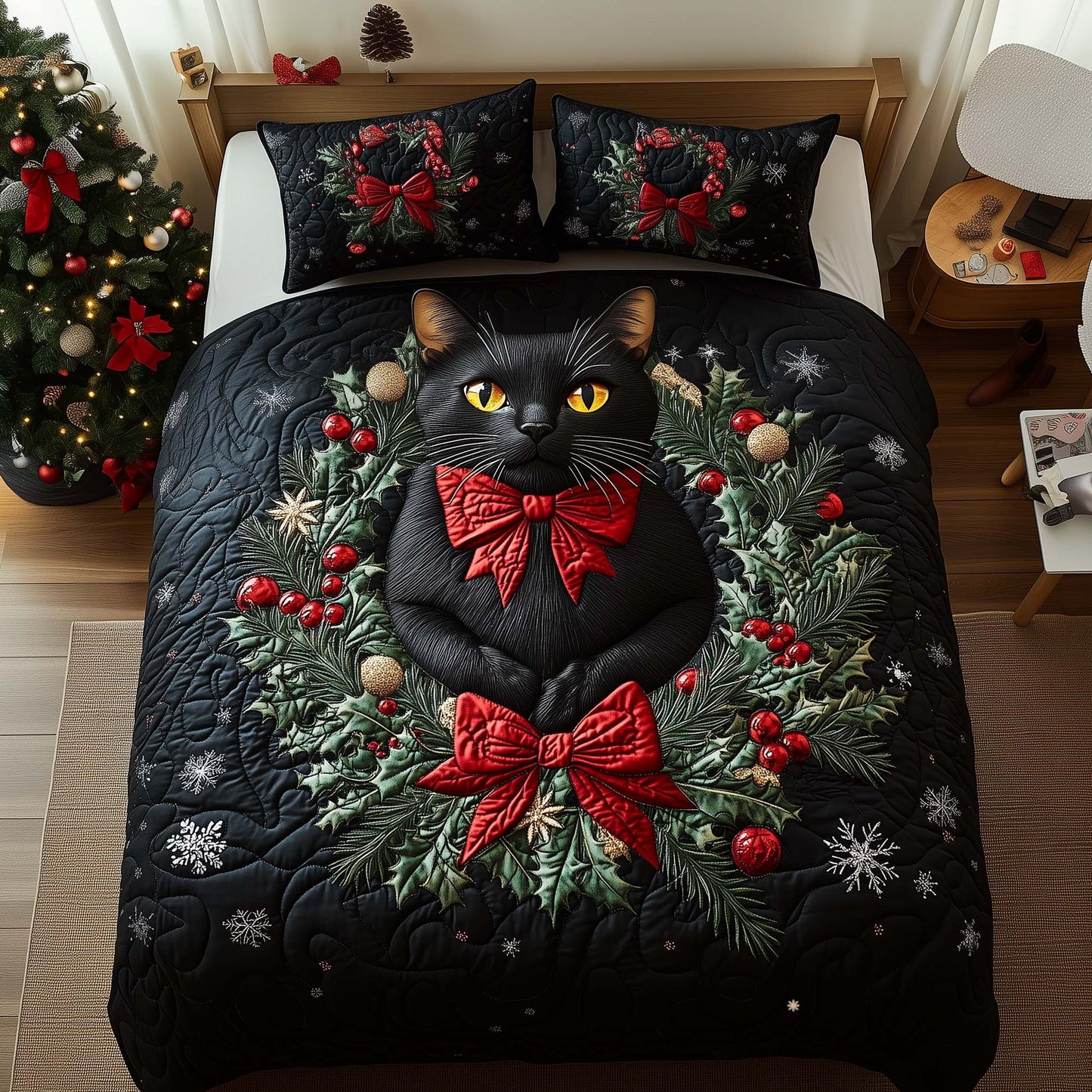 Holly Cat 3-Piece Quilted Bedding Set GFTOQM1284