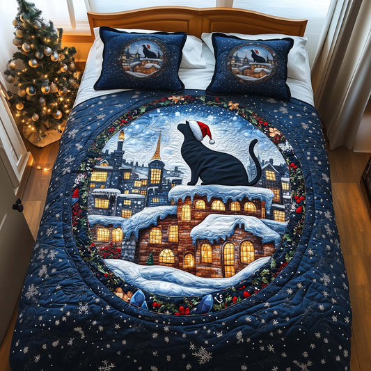 Santa Cat Rooftop 3-Piece Quilted Bedding Set GFTOQM1286