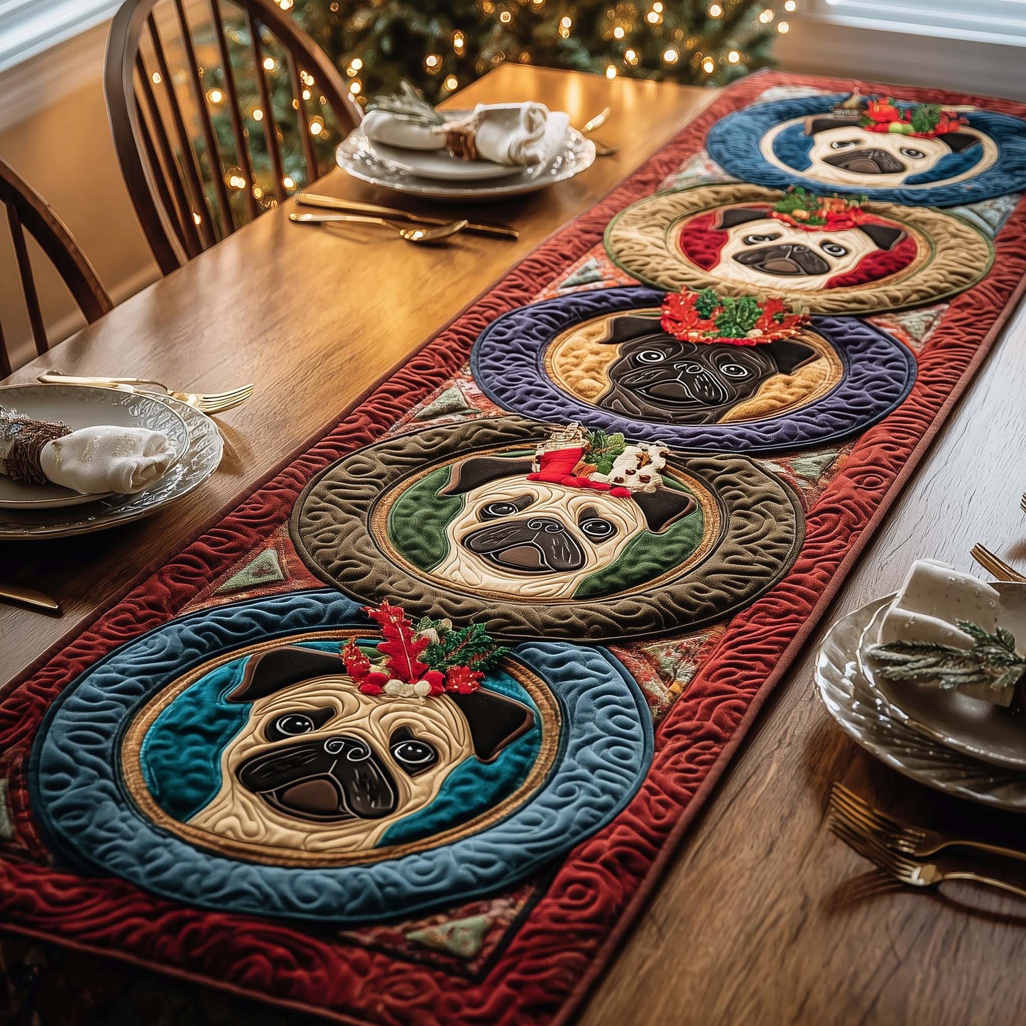 Festive Pugs Quilted Table Runner GFTOQM1367