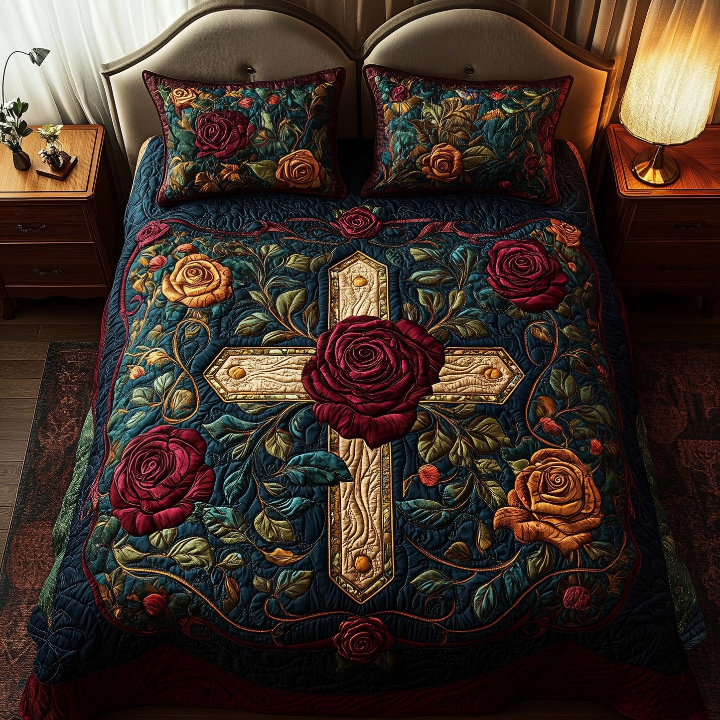 Cross Rose 3-Piece Quilted Bedding Set GFTOQM1480