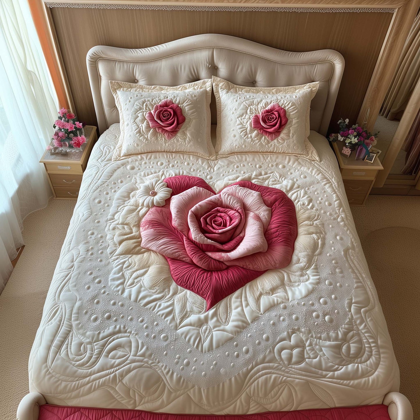 Heart Rose 3-Piece Quilted Bedding Set GFTOQM1482