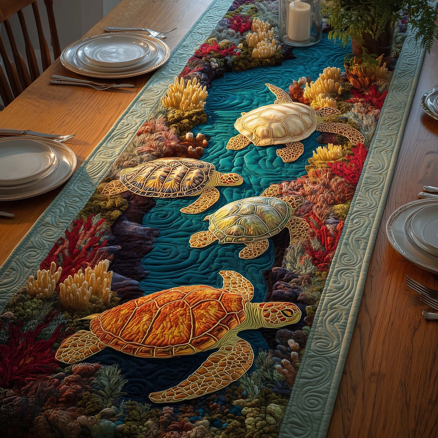 Coral Turtles Quilted Table Runner GFTOQM1512