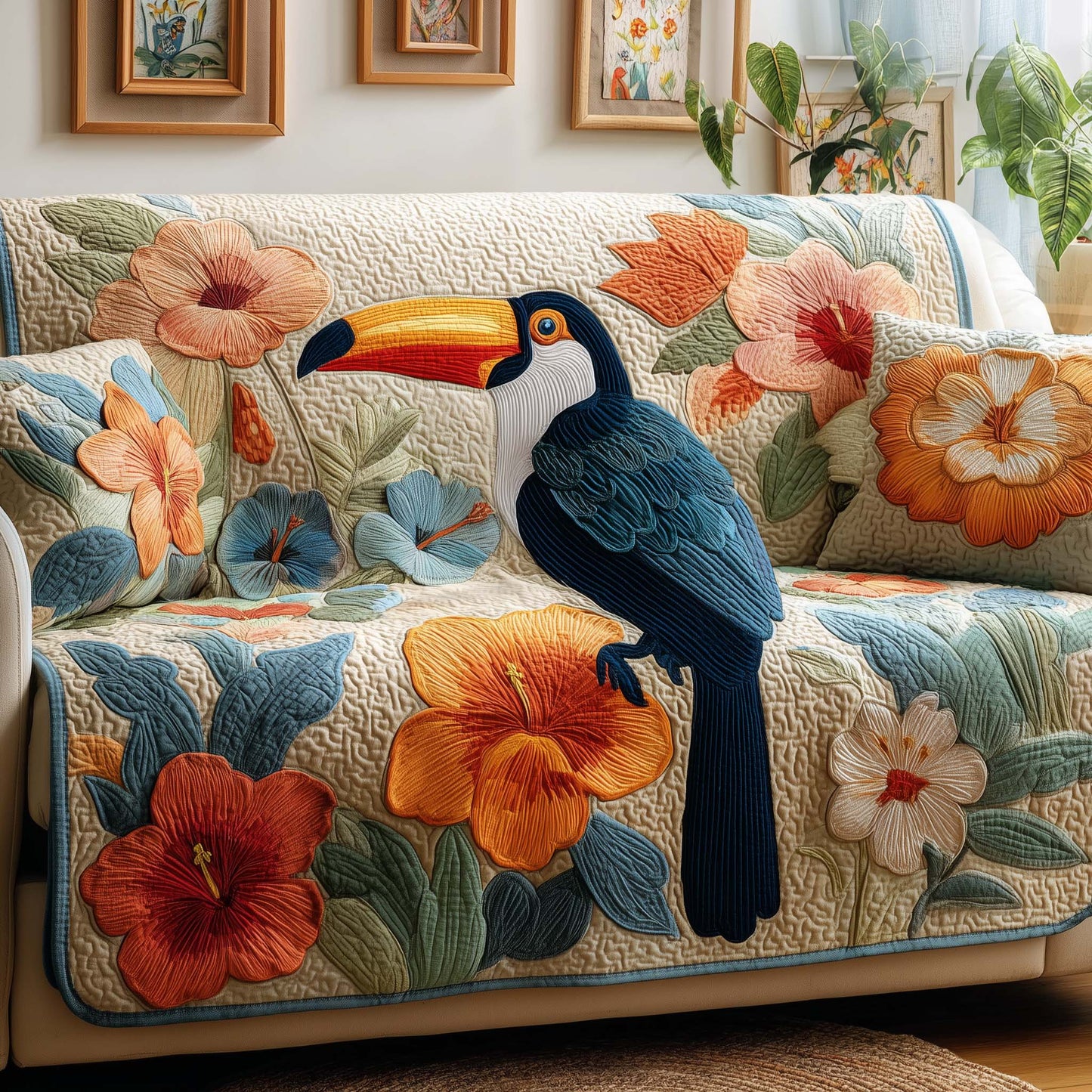 Floral Toucan Quilted Sofa Cover GFTOQM1544