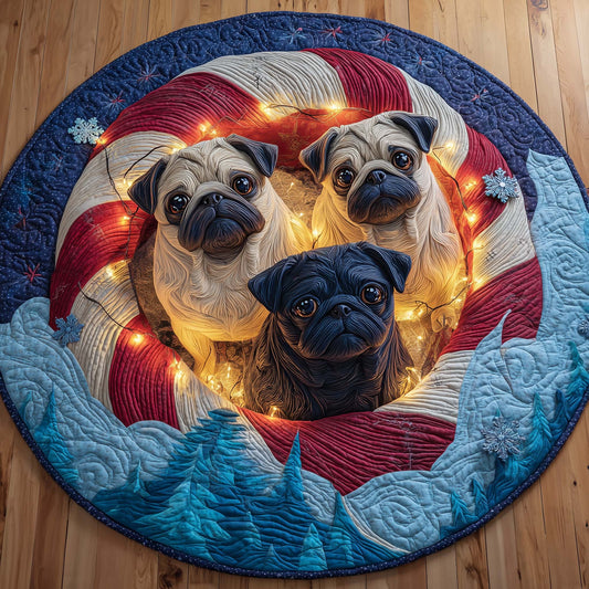 Triple Pug Quilted Round Mat GFTOQM155