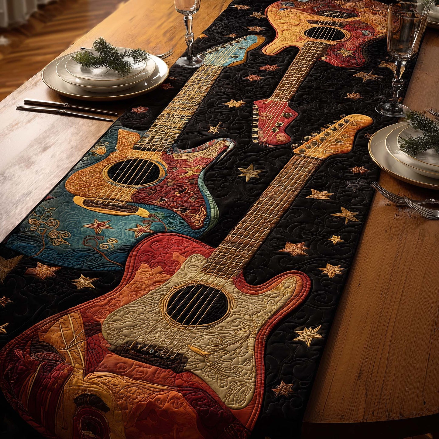 Midnight Guitars Quilted Table Runner GFTOQM1563