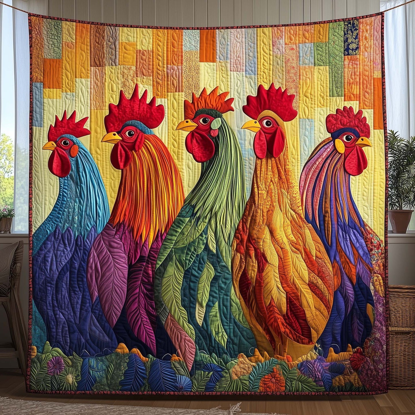 Rainbow Roosters Quilted Blanket GFTOQM1640